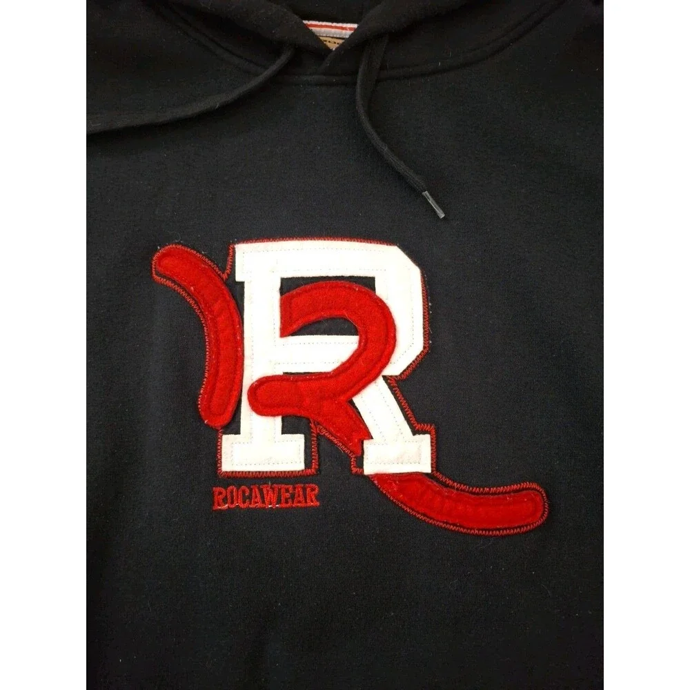 Vintage Y2K RocaWear Mens Hoodie Pullover Black Sweatshirt Large Fleece Warm - Picture 2 of 8